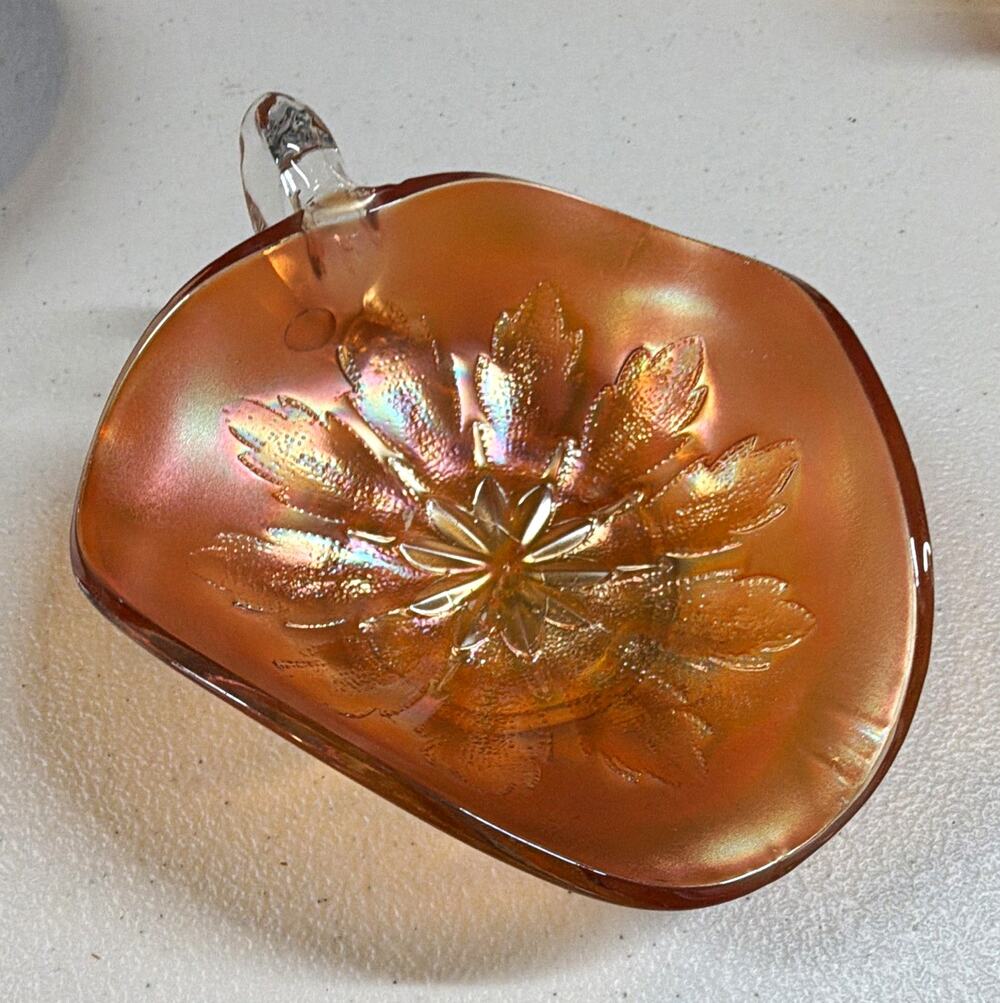 Orange Iridescent Carnival Pressed Glass Heart Candy Dish w/Handle Leaf Pattern